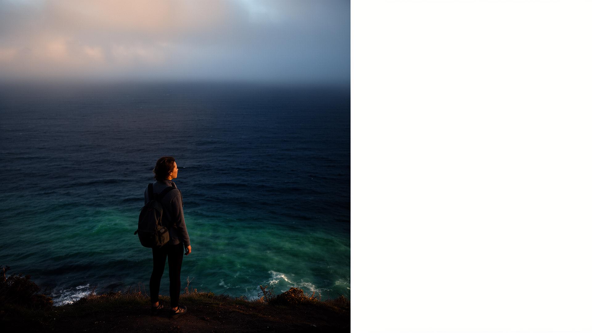 A solo traveller watching the sea at golden hour